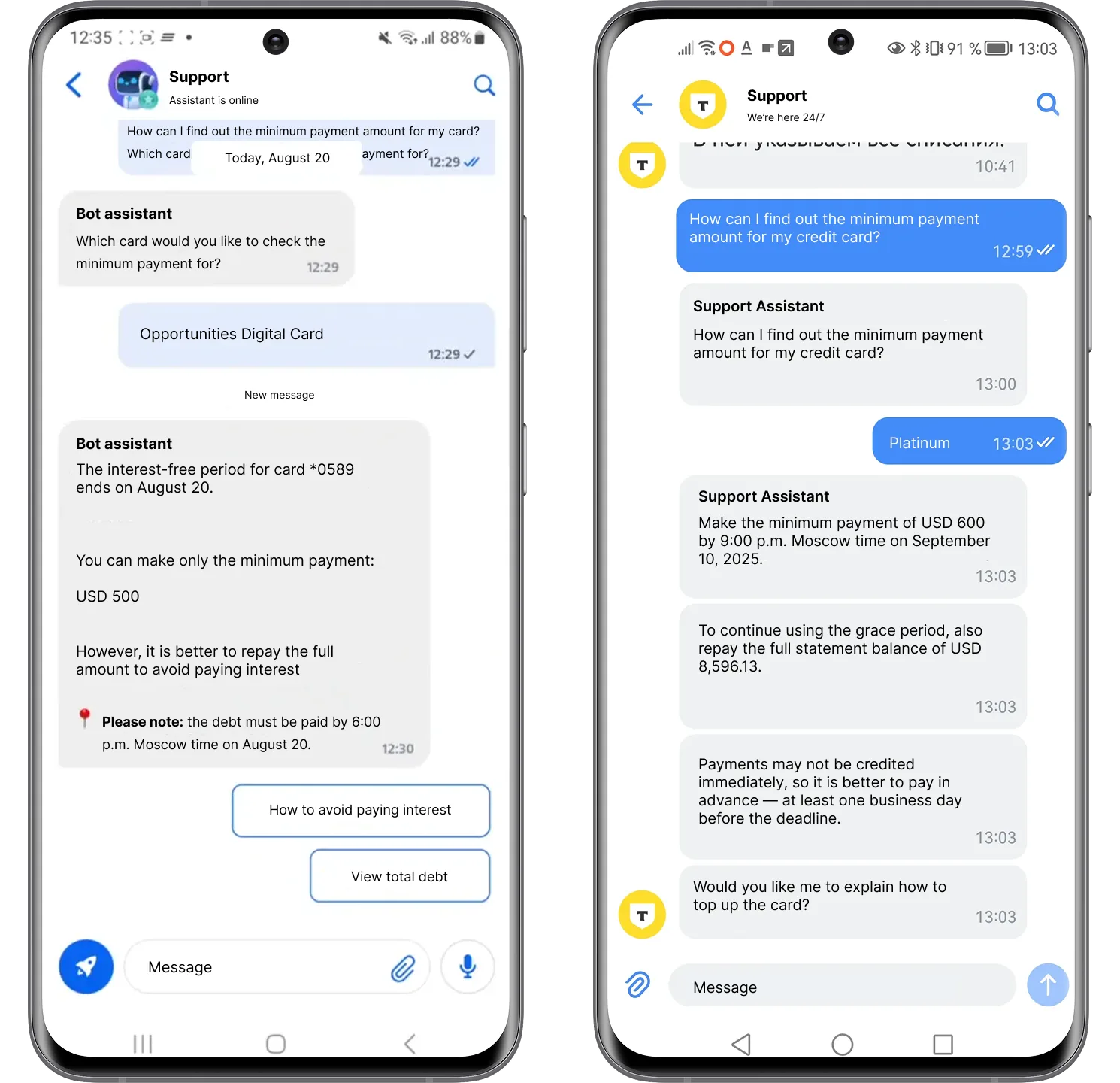 Two mobile banking support chats showing how AI assistants explain minimum credit card payments, repayment deadlines, grace periods, and total outstanding debt.