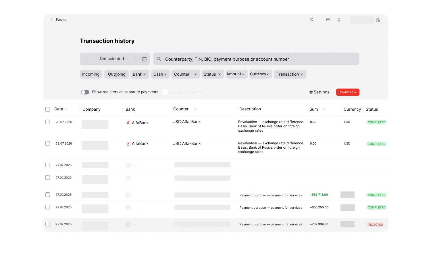 Corporate banking transaction history with filters, counterparties, payment details, amounts, currencies, and transaction statuses.