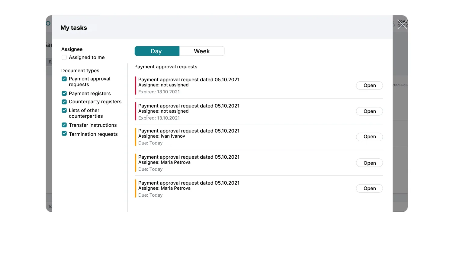 Corporate banking task dashboard with payment approval requests, assignees, deadlines, and document filters.
