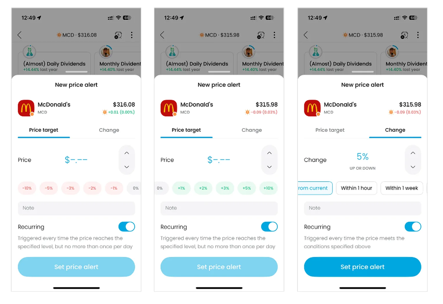 Trading 212 price alert settings for McDonald’s stock, including target price, percentage change, monitoring period, recurring alerts and a personal note. 