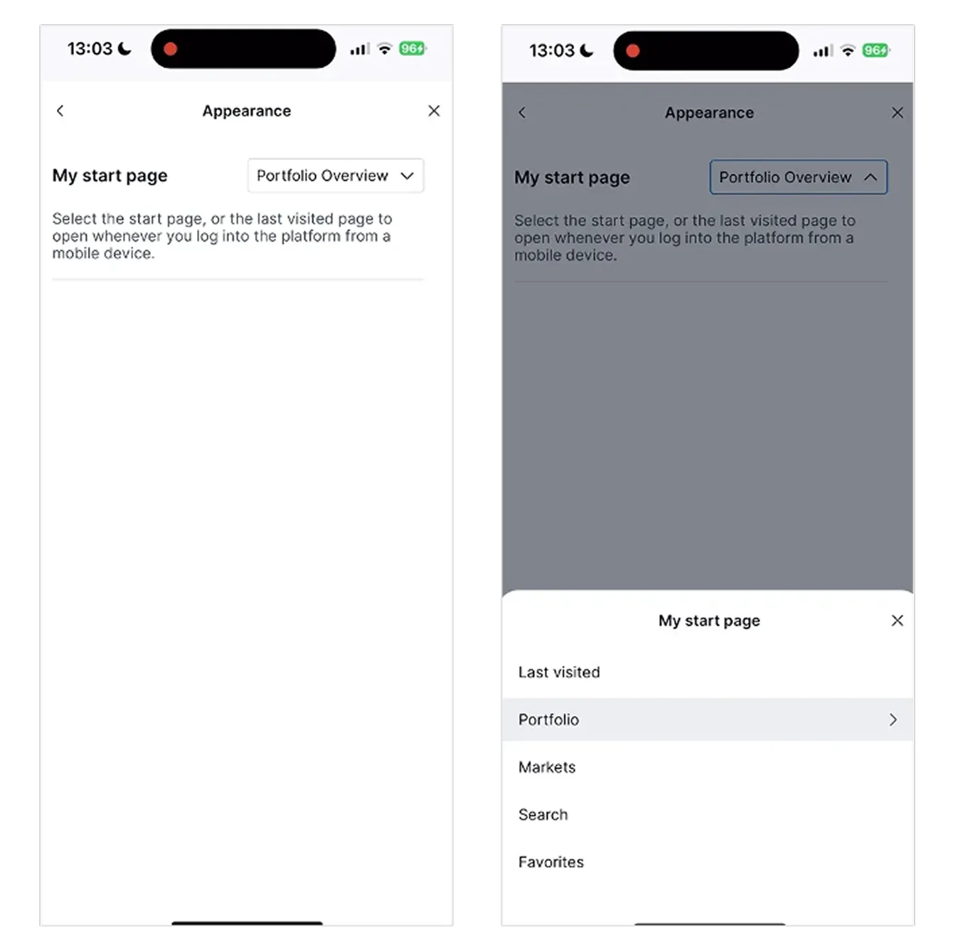 SaxoInvestor app settings for choosing a start page: Portfolio, Markets, Search, Favorites, or the last visited section.